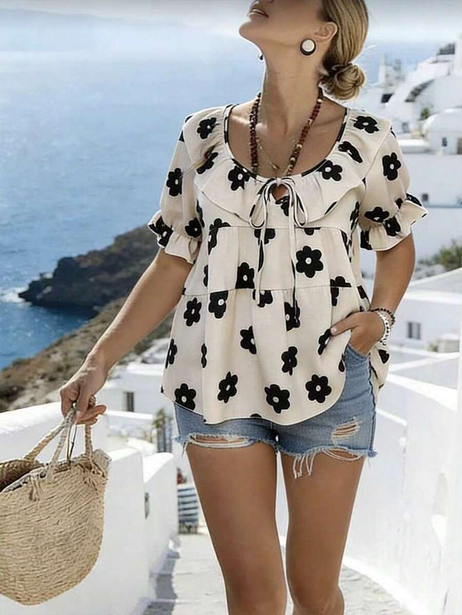 SHEIN LUNE CURVE Plus Size Women Beige Floral Print Crew Neck Ruffle Front Tie Babydoll Top,Summer Boho Vacation Holiday Wedding Guest Casual Flower Blouse Tops - Multicolor - View 1