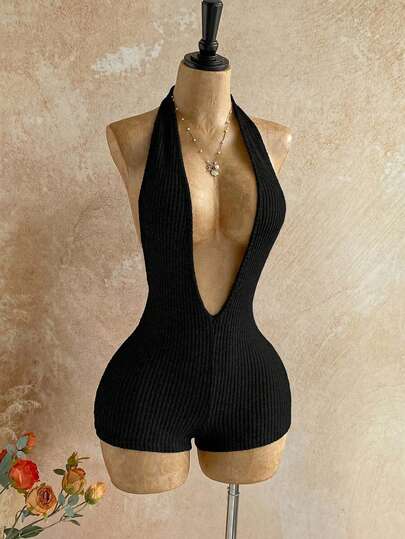 Soleia Body de punto acanalado negro con escote en V profundo y espalda descubierta, mono ajustado de moda para fiesta, cita, té de la tarde, vacaciones bohemias en la playa, atuendo de verano