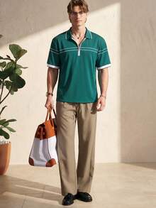 Airaco Summer Celebration Season Green Half-Zip Striped Breathable Polo Shirt, Luxury Date & Casual Wear For Men - Dark Green - View 5