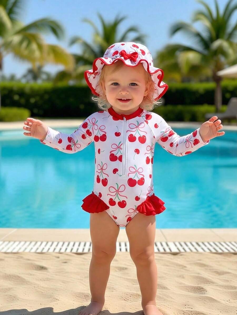 SHEIN Vintaside Kids 女婴可爱红白樱桃印花荷叶边长袖连体泳衣,带帽子,弹力舒适,适合夏季游泳 - 彩色 - 查看 1
