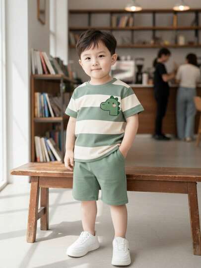 et de 2 piezas: Camiseta de manga corta con cuello redondo con estampado de oso y rayas + pantalones cortos azul marino para niño bebé, adecuado para salidas de verano