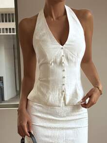 Livesso Elegant Off-White Summer Tea Party Camisole Top,Backless Spaghetti Strap Minimalist Fitted Women's Top For Music Festival,Valentine's Day & Wedding - Beige - View 7