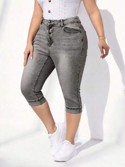 SHEIN PETITE CURVE 大码纯色斜插口袋休闲修身七分牛仔裤