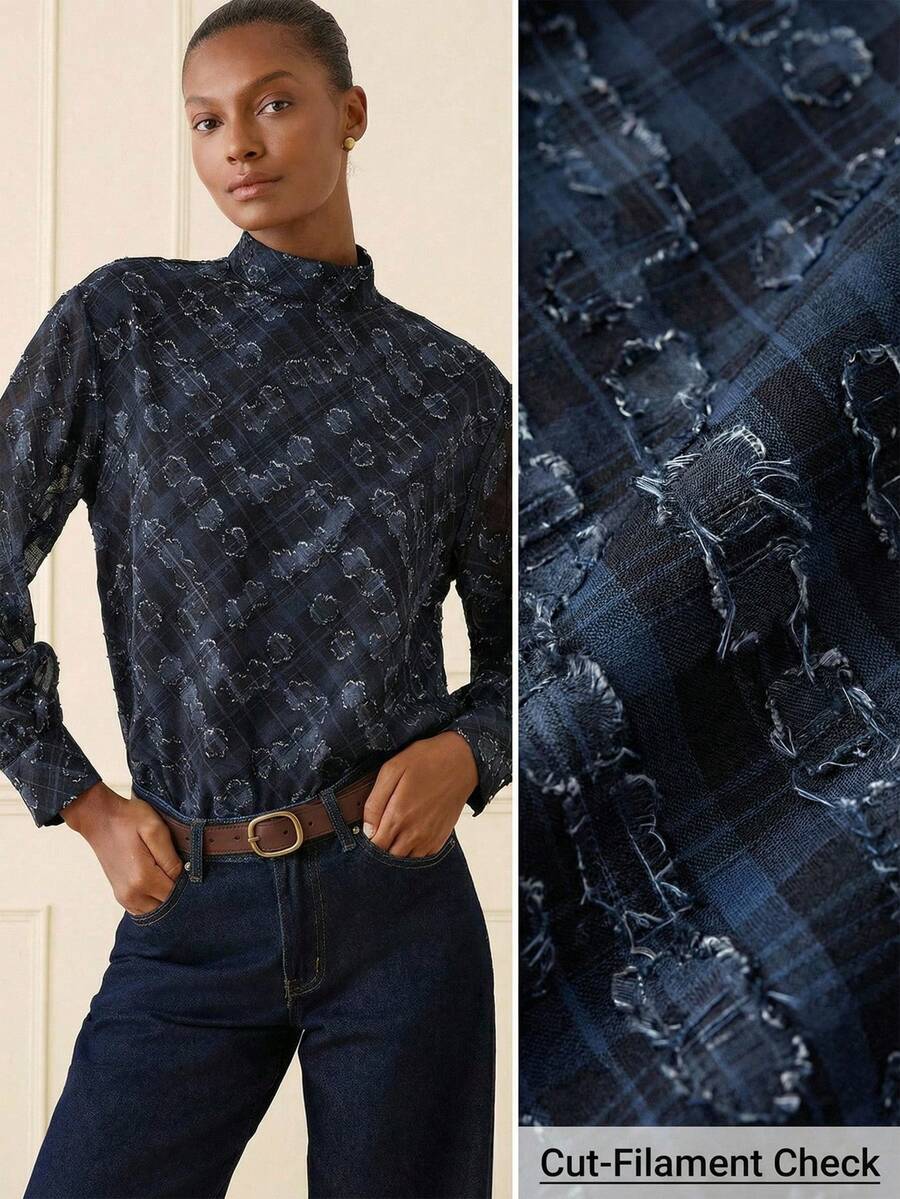 Lilora Blusa de cuello alto de manga larga con tejido jacquard elegante para mujer - Azul - Ver 1