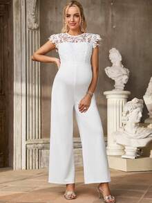 SHEIN Mono de maternidad de pierna ancha con unicolor y encaje de contraste - Blanco - Ver 3