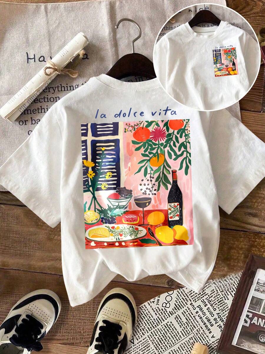 EMERY ROSE Áo thun nữ tay ngắn cổ tròn in chữ và hoa, kiểu dáng thường ngày, đa năng. - trắng - Xem 1