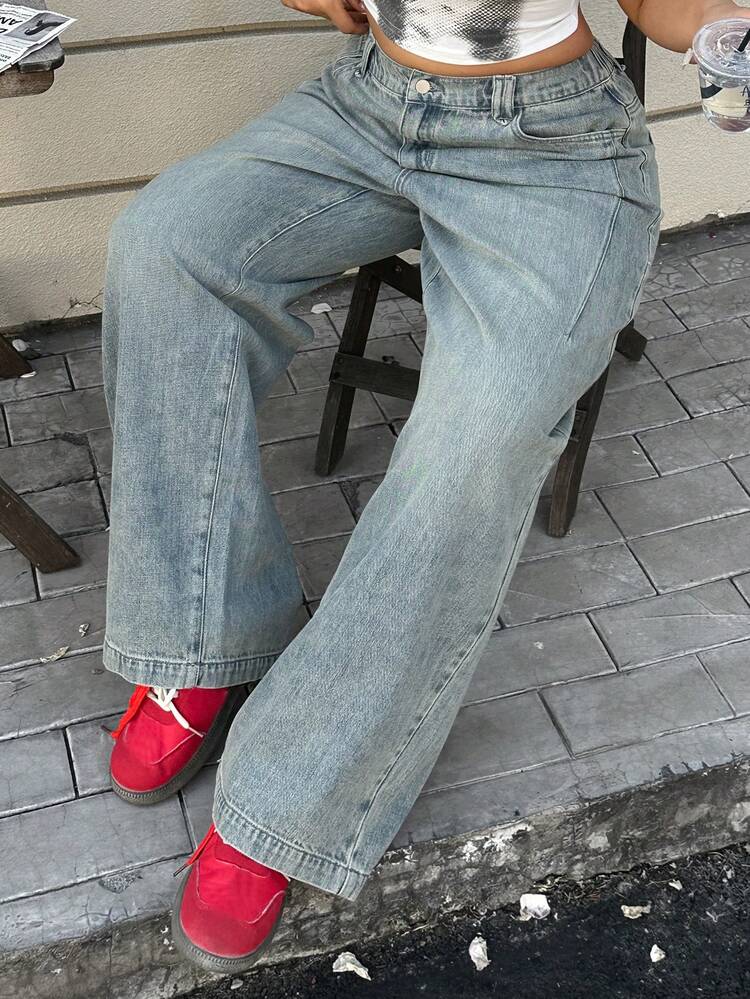 Dazy Plus Fashionable Casual Vintage Washed Distressed Straight Leg Streetwear Plus Size Women Jeans, All Season