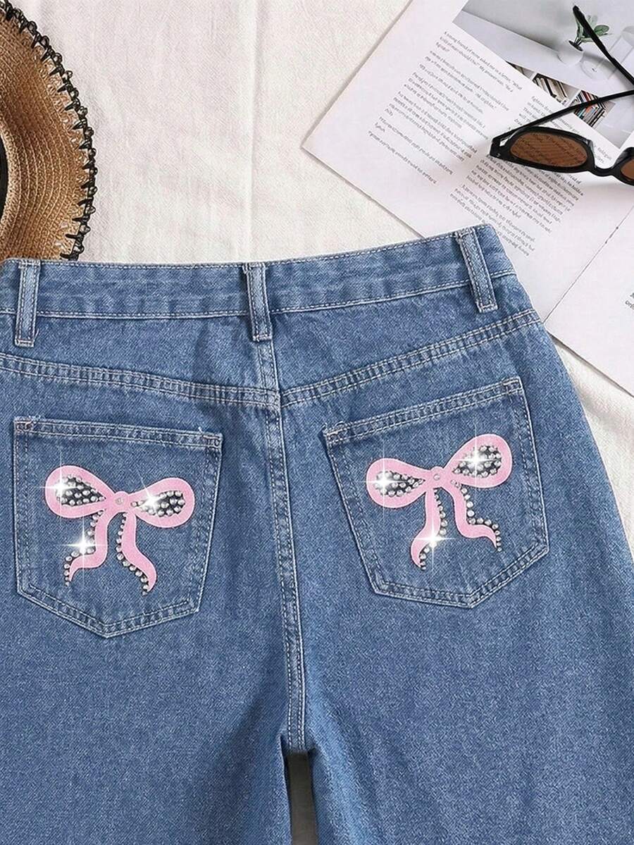 SHEIN Fashionable Casual Bow Print Rhinestone Embellished Women's Denim Shorts - Medium Wash - View 1