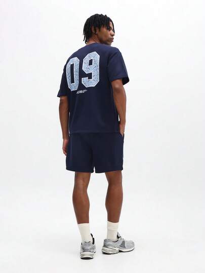 SUMWON Navy Blue Short Sleeve Crew Neck T-Shirt And Matching Shorts Two Piece Co-Ord Set With Varsity Number Print