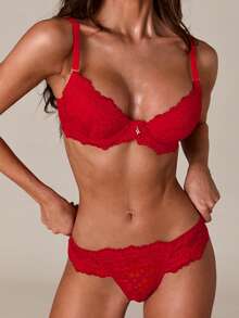 SHEIN BAE 2 件情人节蕾丝钢圈文胸和内裤套装女士内衣 - 紅色 - 查看 10
