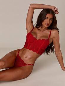 SHEIN BAE 2pcs/Set Women's White Romantic Long Bra Lingerie Set Sexy Underwear Set Bra And Panty Set Lingerie Set Red Red Bra And Panty Set Red Lingerie Set - Red - View 9