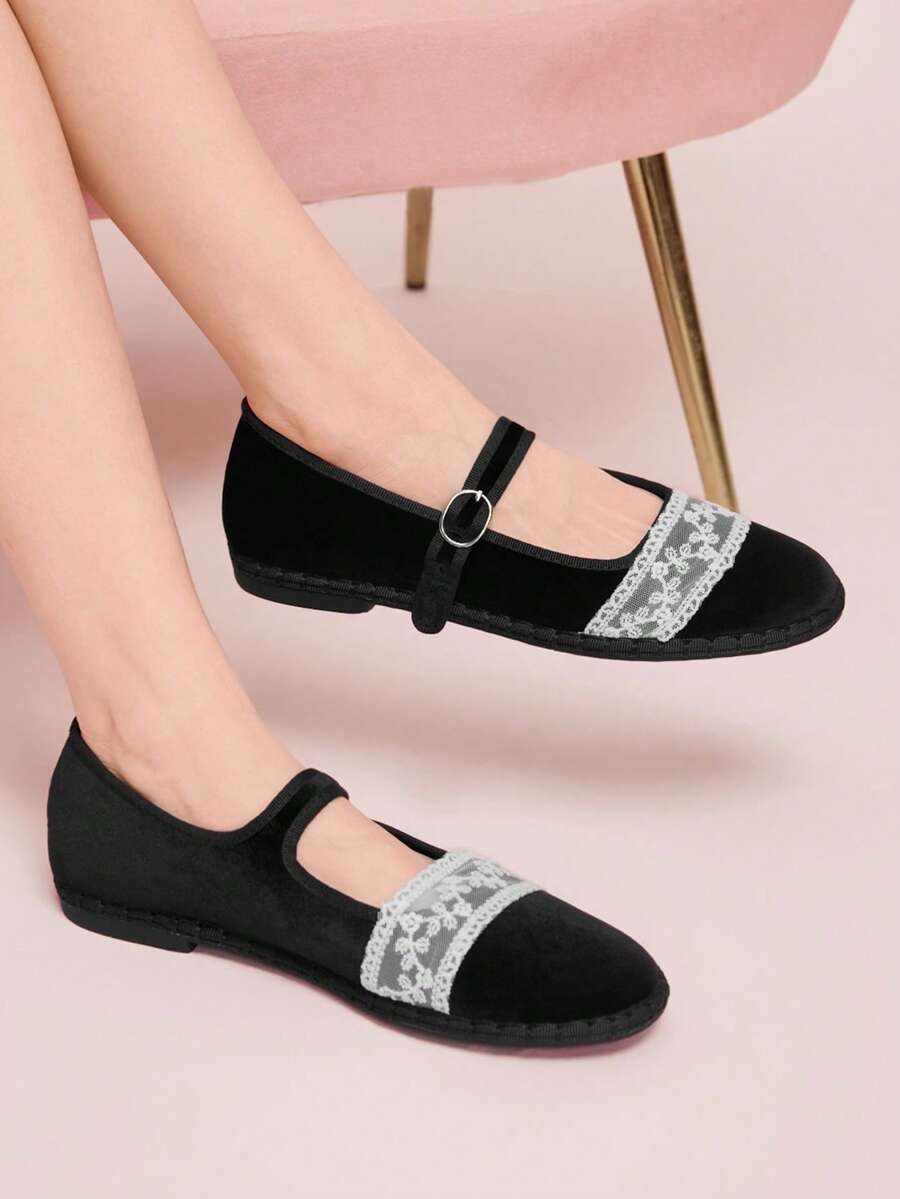 CUCCOO DOLLMOD Giày bệt nữ cổ điển màu đen nhung viền ren, quai đơn. - -12 màu đen - Xem 1
