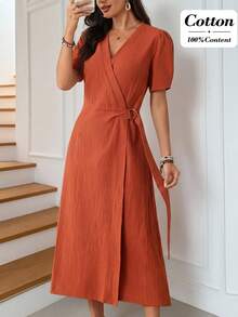 Miaspire 女士纯色重叠V领短花瓣袖休闲通勤中长连衣裙 - 橘色 - 查看 1