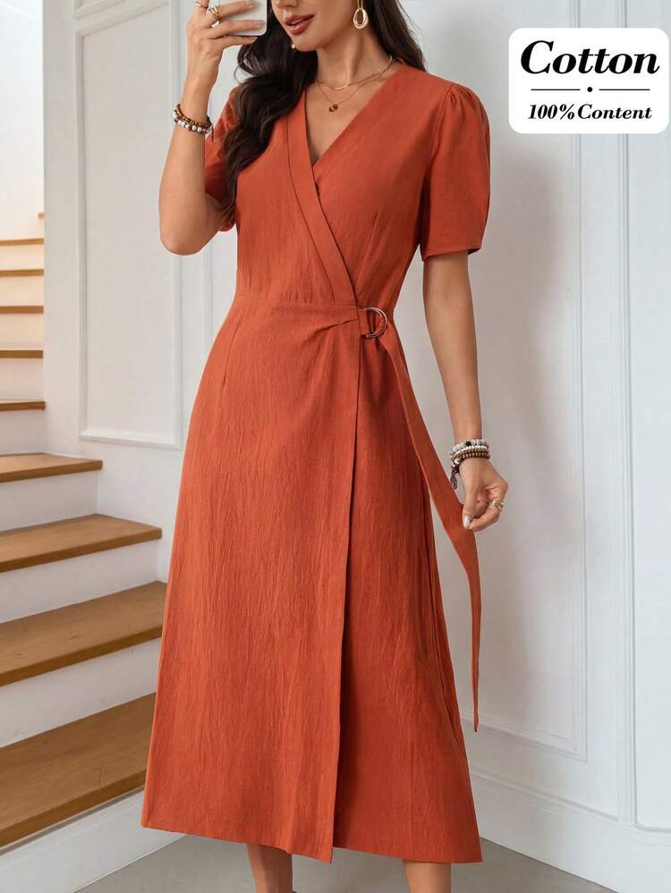 Women's Solid Color Overlapping V-Neck Short Petal Sleeve Casual Commuter Mid-Length Dress,Vacation Dresses,Summer Holiday Outfits Orange Long Dress,Summer Outfits For Women