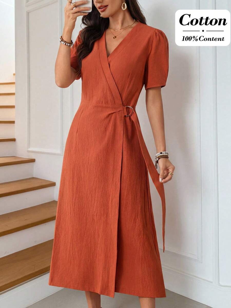 Miaspire 女士纯色重叠V领短花瓣袖休闲通勤中长连衣裙 - 橘色 - 查看 1