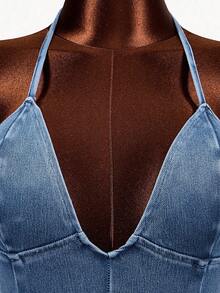 Mistrie 女士修身休闲约会牛仔吊带连体裤 - 藍色 - 查看 3