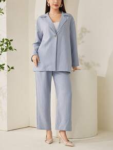 Veilorie Women's Solid Color Lapel NeckLong Sleeve Single-Breasted Jacket And Pants Casual Suit Set - Blue - View 3