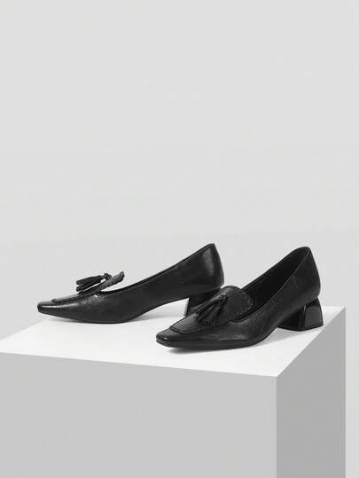 Mnmlis 女士时尚流苏花朵尖头小方头粗跟高跟鞋