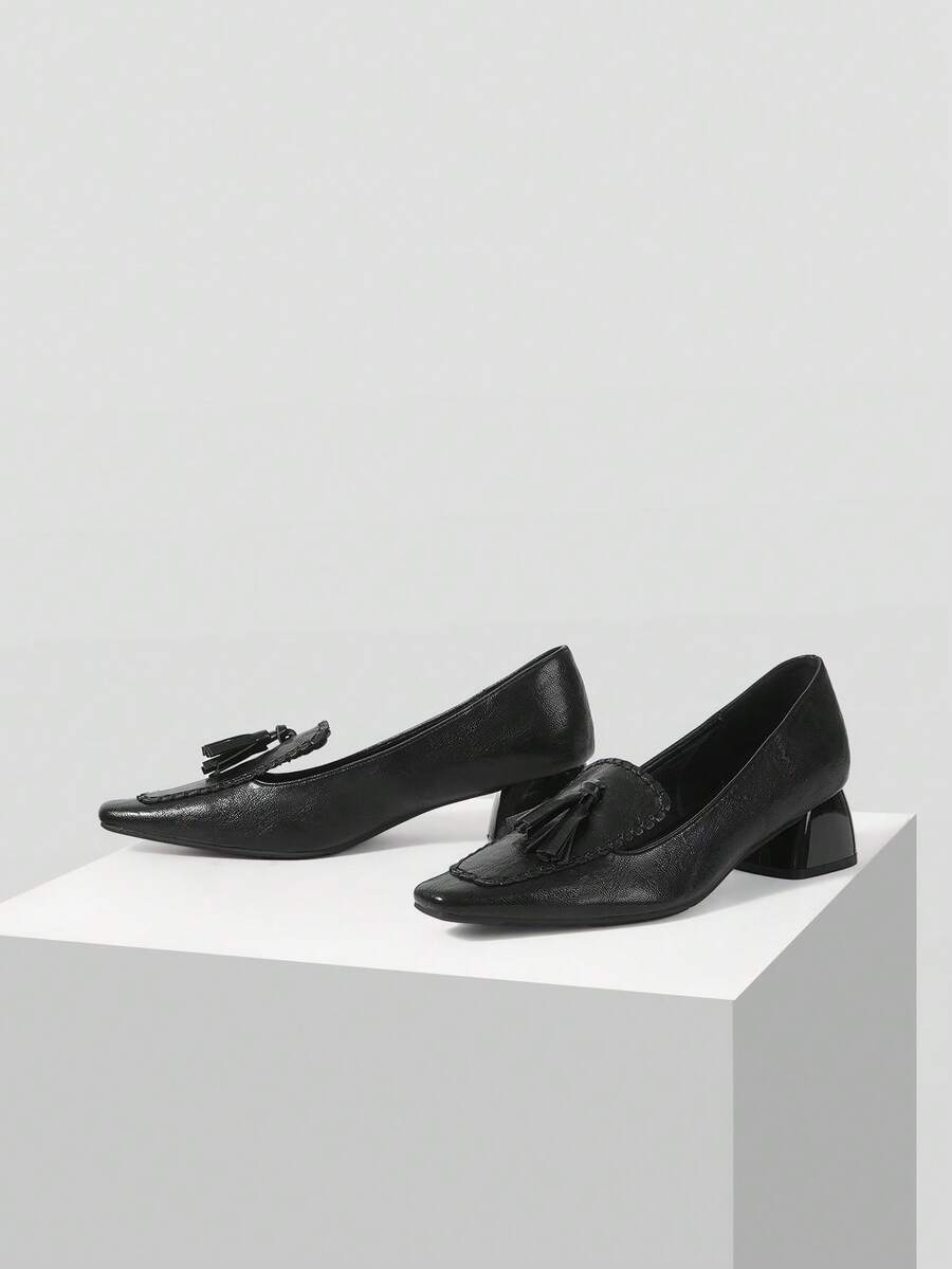 Mnmlis 女士时尚流苏花朵尖头小方头粗跟高跟鞋 - 黑色 - 查看 1