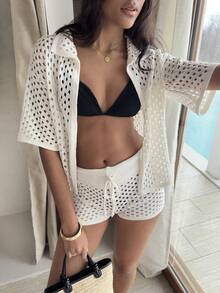 SHEIN Cardigans en tricot et shorts pour femmes - Nude - Voir 9