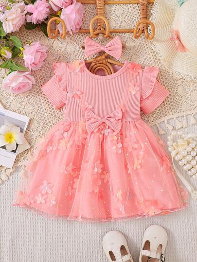 Vestido de verano para niña con flores 3D y lentejuelas, manga corta con paneles de tul + diadema con lazo
