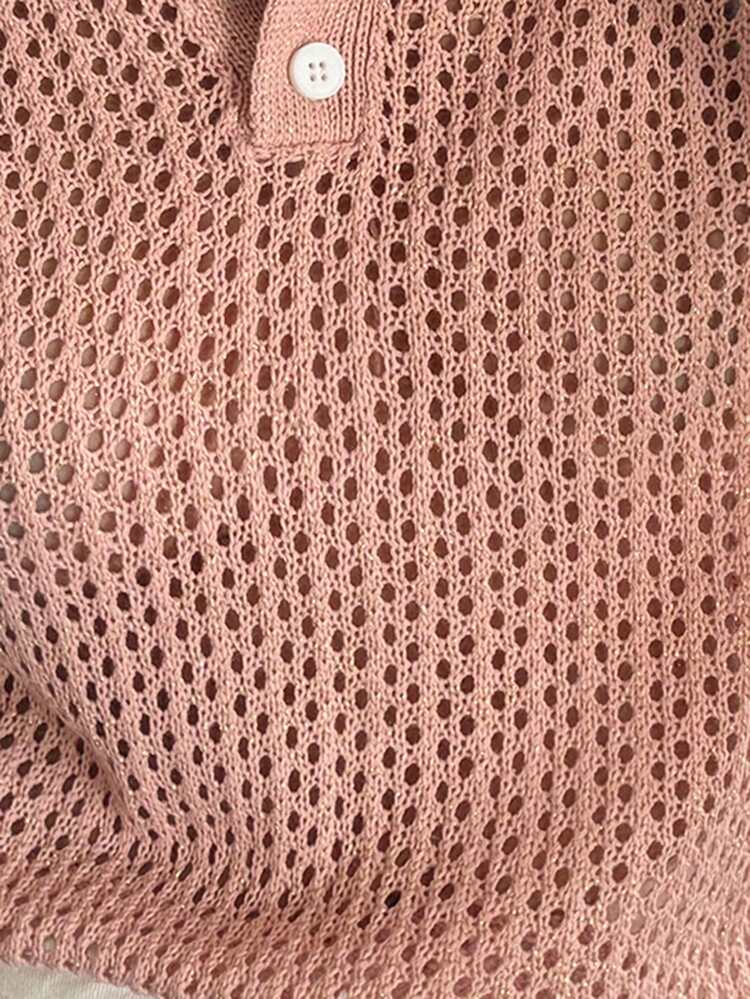 Women's Collared Fitted Hollow-Out Shiny Knit Top Summer