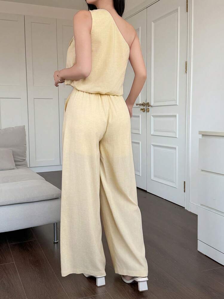 Women's Casual Solid Color Knotted Shoulder Top And Wide Leg Pants 2 Pieces Set, Spring/Summer
