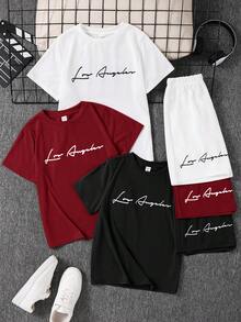 SHEIN 6件套儿童/青少年男童休闲运动多功能印花圆领宽松短袖T恤和短裤两件套，3种款式 x 2套，适合学校、花园、海滩、生日、春季、夏季、秋季、冬季穿着。 - 紅色 - 查看 2