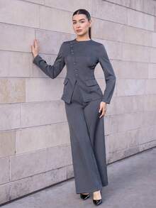 Andrea Bello Women's Elegant Commuter Daily Versatile Street Fashion New Asymmetric Lapel Button Waist Long Sleeve Blazer And High Waist Long Pants Khaki Gray 2 Pieces Suit Set,Fall,Fall Clothes For Women - Dark Grey - View 1