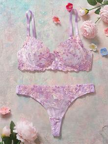 2 件套浪漫紫色钢圈女士文胸和内裤套装，性感内衣 - 紫色 - 查看 3