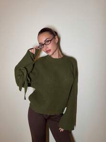 Abrilcols 棕色针织袖口系带宽松套头衫，秋冬 - 軍綠色 - 查看 5