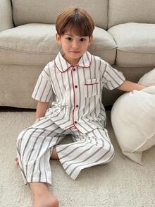 Dazy Kids Young Boy Striped Mandarin Collar Short Sleeve Single-Breasted Top And Pants Pajama Set - White - View 2