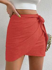 Breezaya Chân váy midi nữ màu trơn, thắt nút bên hông, kiểu dáng thường ngày. - Gỗ đỏ - Xem 6