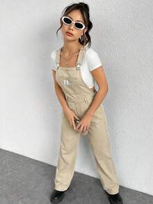 SHEIN EZwear 女士纯色贴袋休闲牛仔背带连体裤 - 卡其色 - 查看 5