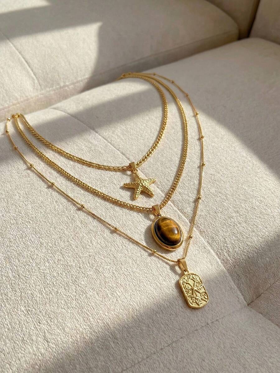 Resyla 3 件套不锈钢金黄色时尚简约海星玫瑰花太阳脸吊坠项链套装，适合日常佩戴或送礼 - 金黃色 - 查看 1