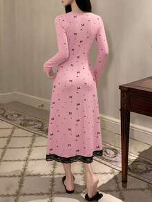 DAZY Bow Print Contrast Color Lace Patchwork Waist Dress, Women Spring Sleepwear - Pink - View 2