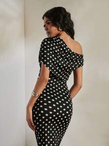 Opulessa Women's Polka Dot Pattern Ruched Shoulder Fitted Elegant Dress Suitable For Beach Vacation, Casual, Holiday ,Going Out, Party, Beach - Black - View 6