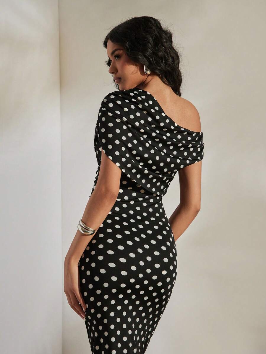 Opulessa 女士波点图案褶皱肩部修身优雅连衣裙 - 黑色 - 查看 1