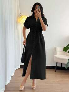 Rafferiza 女式休闲衬衫裙，前襟纽扣，插肩袖，收腰设计 - 黑色 - 查看 3