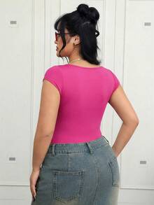 CovetEZ Body de punto acanalado con cuello de corazón y tirantes anchos, talla grande, para verano - Rosa Fucsia - Ver 2