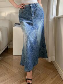 DAZY 女士休闲水洗碎花牛仔迷你裙，春夏款 - 中等水洗藍 - 查看 4