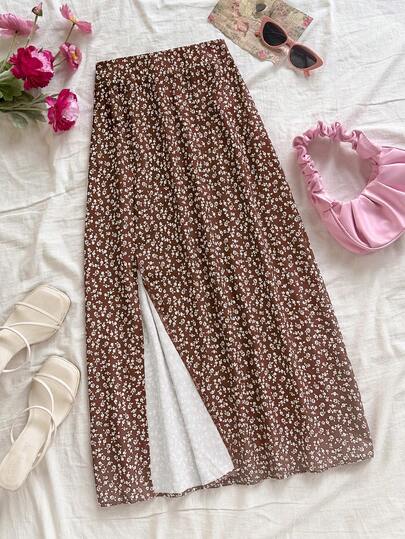 Soleia Women's Vacation Ditsy Floral Casual Split Hem Skirt