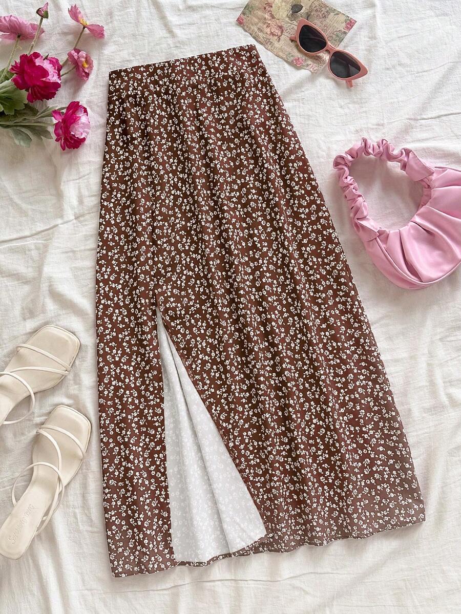 Soleia 女士度假碎花休闲开衩裙 - 咖啡棕 - 查看 1