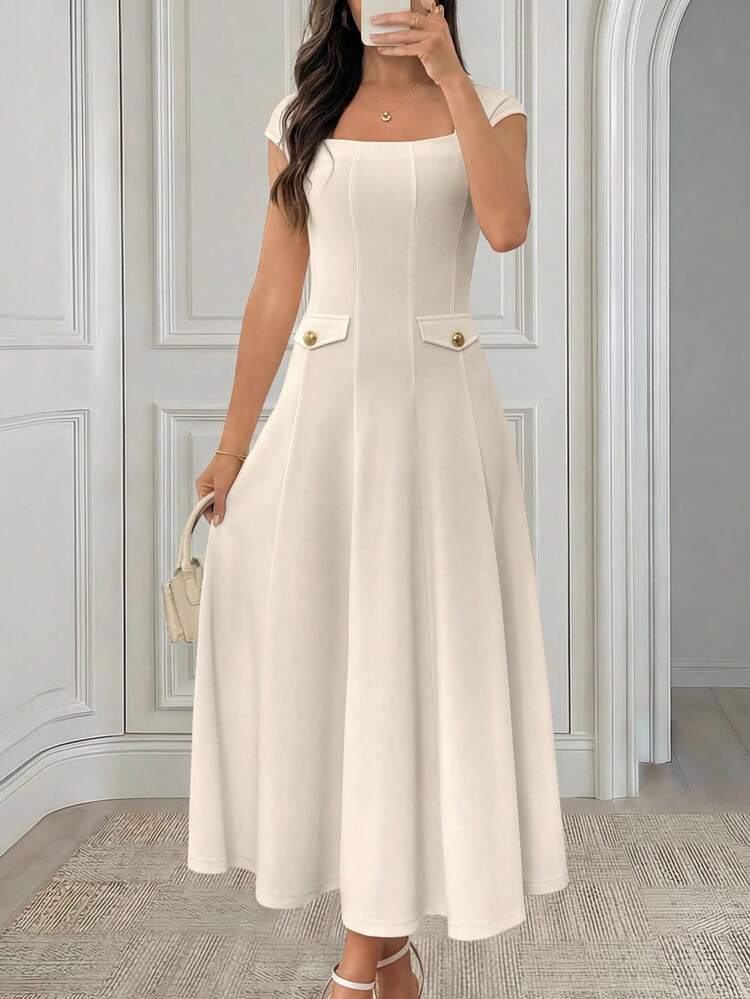 Ivory White Square Neck Fitted Waist Flowy Midi Dress Elegant Formal Party Wedding Guest Bridesmaid Outfit White Dress White Top Elegant Dresses For Women Formal Dresses For Women Party Dresses For Women Wedding Guest Dresses,Summer Dress,Office Outfits For Women,Work Outfits For Women,Graduation Outfit For Mother,Wedding Guest Dress For Women,Summer Outfits For Women
