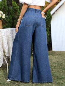 Breezaya Women's High Waist Pleated Pocket Wide Leg Loose Casual Versatile Jeans - Medium Wash - View 2