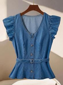 GlowEve Women's Single-Breasted Casual Denim Blouse With Flared Sleeves - Medium Wash - View 2