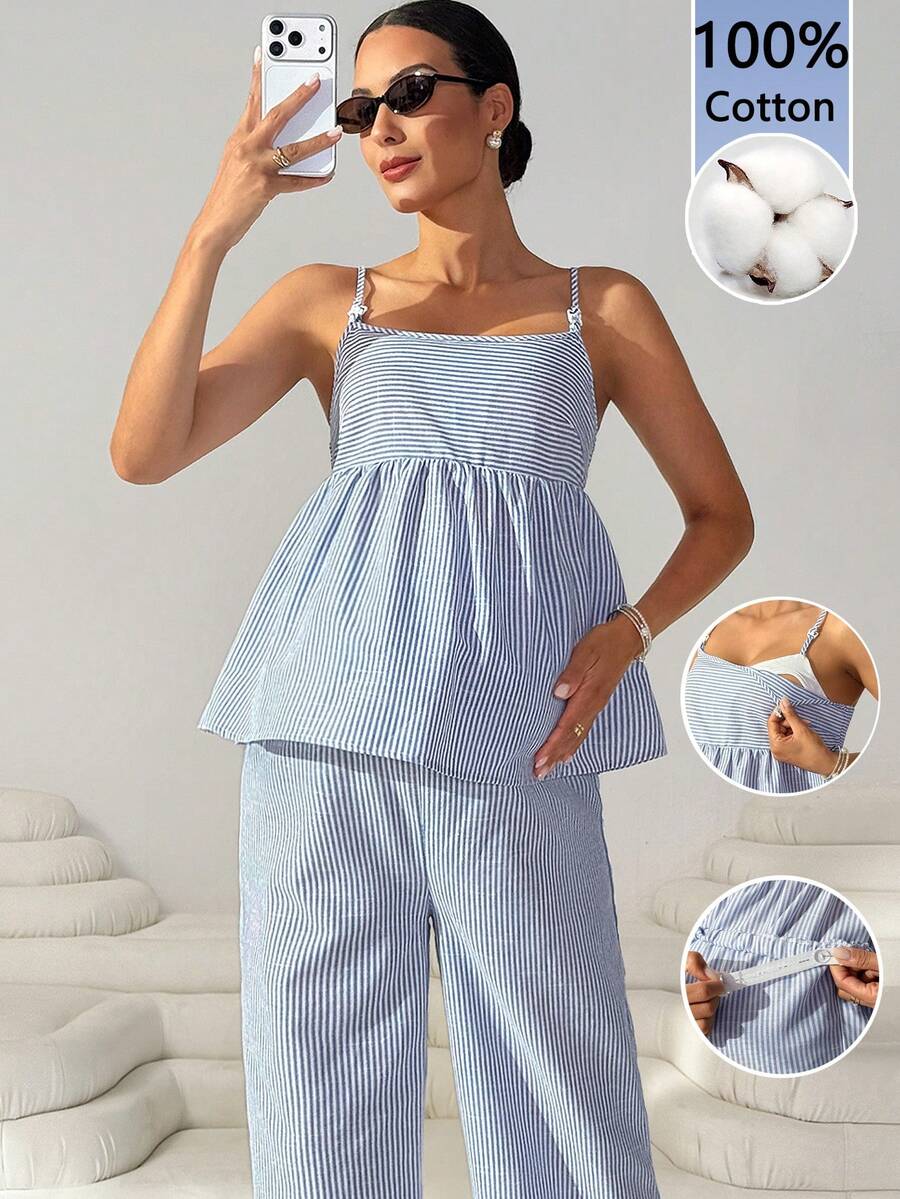 MaterniWear 孕妇条纹荷叶边吊带背心和可调节腰带裤子哺乳两件套 - 藍白色 - 查看 1