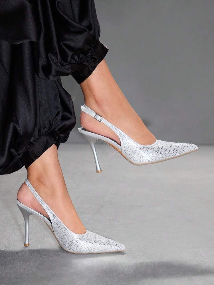 CUCCOO SZL Women Shoes Fashion Pointed Stiletto Silver Full Diamond Slingback Sexy Banquet Party Ladies High Heel Slingback Shoes Women's Shoes Spring Shoes