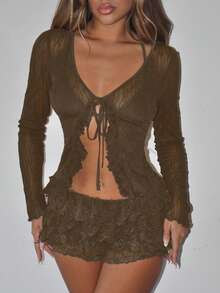 SHEIN ICON 透视系带开衫上衣和多层蕾丝短裤套装 - 卡其色 - 查看 4