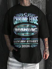 GENIUS ODE 男士圆领字母印花休闲百搭日常短袖T恤 - 黑色 - 查看 1